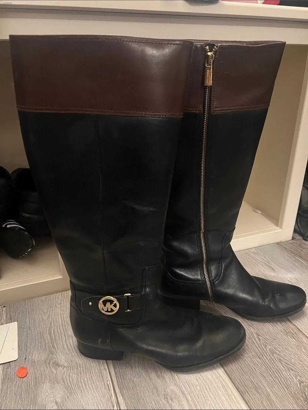 Michael Kors Black and Brown Two-Tone Leather Riding Boots